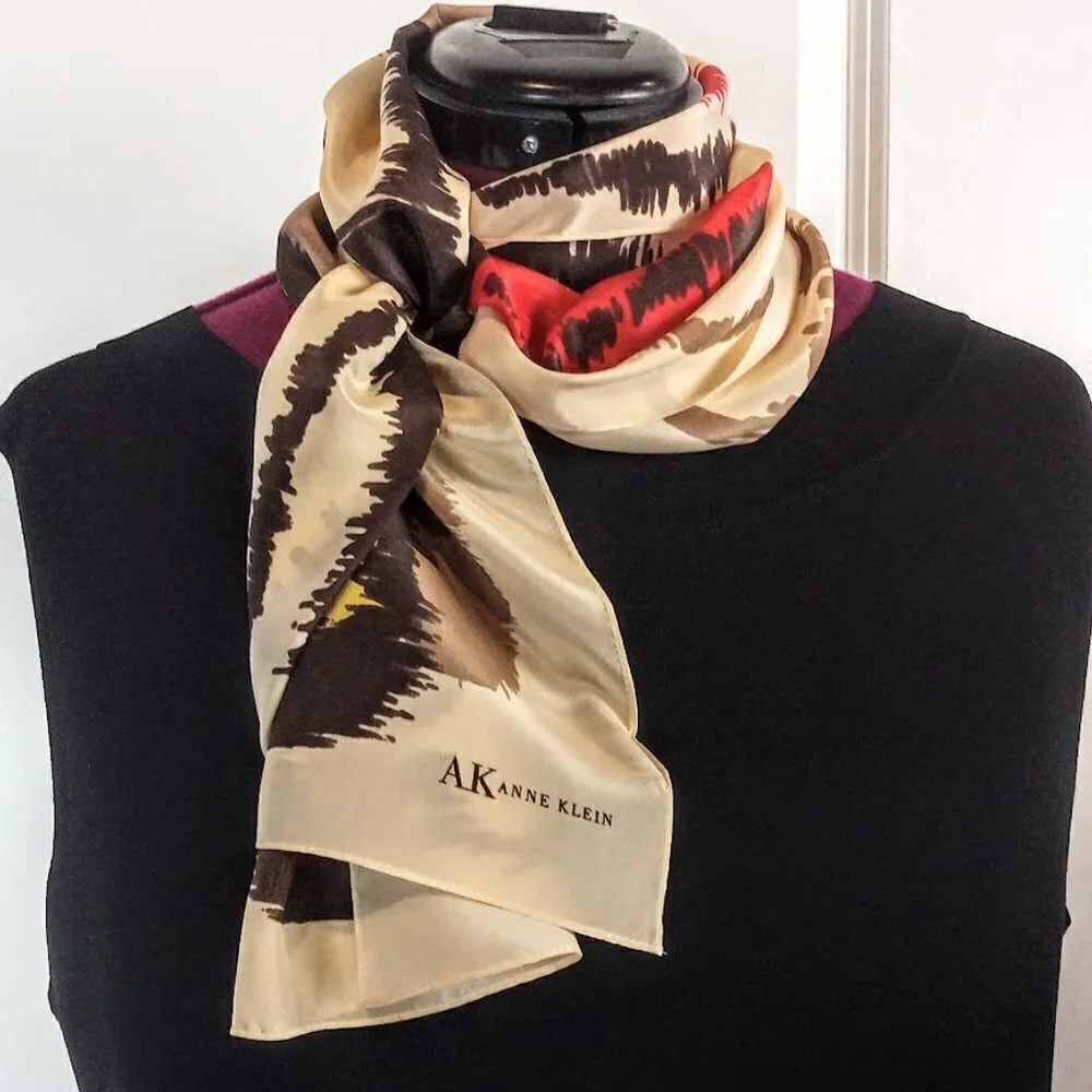 Anne Klein Tan Red Yellow Abstract Print Silk Oblong Scarf